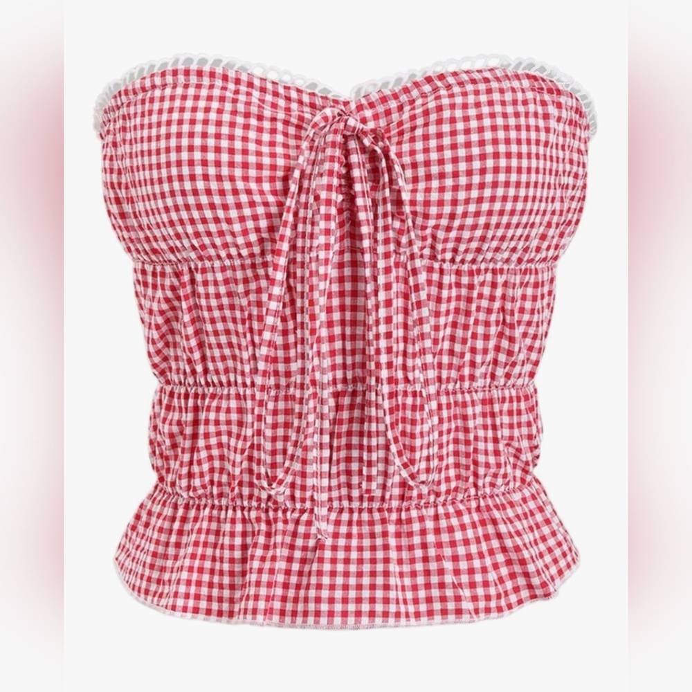 Wdirara Gingham Strapless Smocked Crop Top Size Small Red NWT Cottagecore Retro